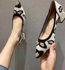Pointed Toe Knitted Leopard Animal Print Block Heels Slip On Shoes Pumps Sz 