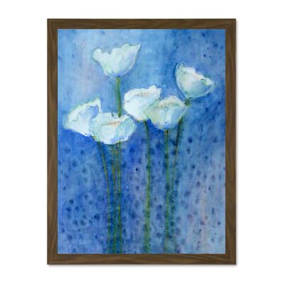 Flower White Tulips On Blue Framed Wall Art Print 18X24 In