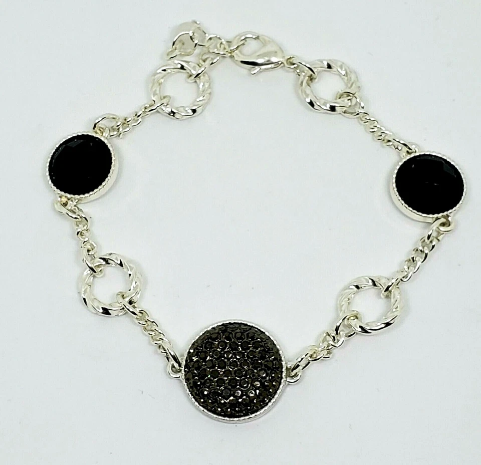 Brazalete de cadena vintage AVON Nina Ricci de hematita y piedras negras con cadena torcida de plata Foto 3 de 4