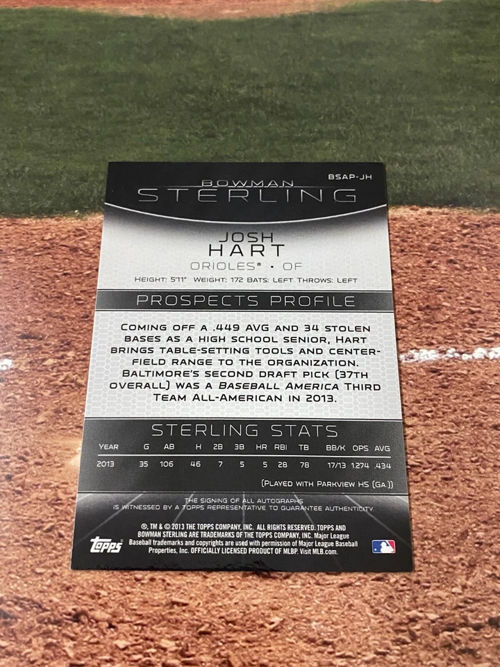 2013 Bowman Sterling Josh Hart Prospect Auto #BSAP-JH Baltimore Orioles - Image 2 of 2