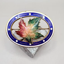 Antique 1909 Enamel Maple Leaf Brooch | Art Nouveau Gilt Brass Pin Red Green
