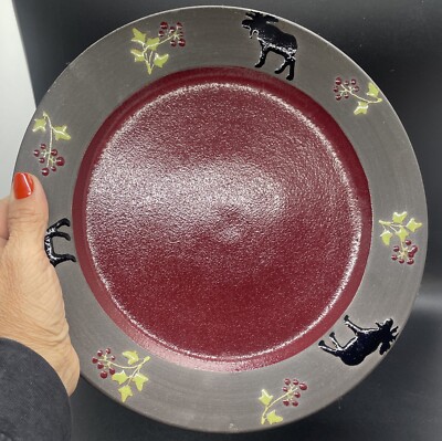 VTG Boot Hill Pottery Dinner Plate Moose & Holly Sprigs Hand Made Signed Cabin