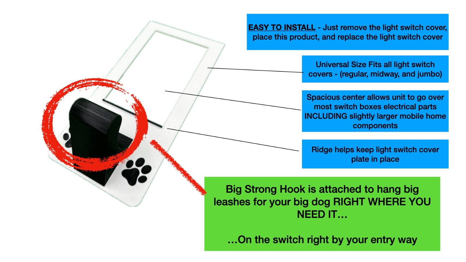 Paw Print Leash Holder for Wall Mount Under Light Switch Cover Plate By Door - Picture 37 of 38
