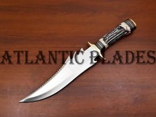 HANDMADE D2 STEEL FIXED BLADE HUNTING BOWIE KNIFE BRASS GAURD  ARTIFICAL STAG