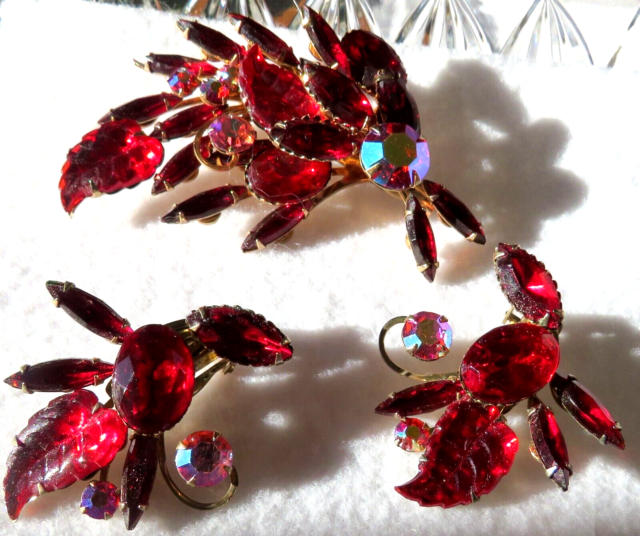 Estate Demi Parure Brooch Pair Earrings Red Pink AB Spray Carved Leaf Navettes Estate Demi Parure Brooch Pair Earrings Red Pink AB Spray Carved Leaf Navettes