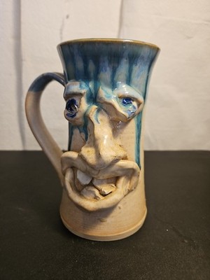 Vintage Handmade Pottery Ugly Face Large Mug with Handle UNIQUE Pottery Mug