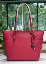 MICHAEL KORS CHARLOTTE LARGE ZIP TOTE SHOULDER BAG MK RASPBERRY PINK LEATHER