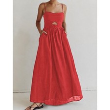 Commense Coastal Cowgirl Euro Summer Resort Maxi Dress Red Cotton Pockets Size M
