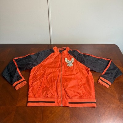 Harley Davidson Jacket Mens L Orange Black Eagle Logo Full Zip Nylon Bomber