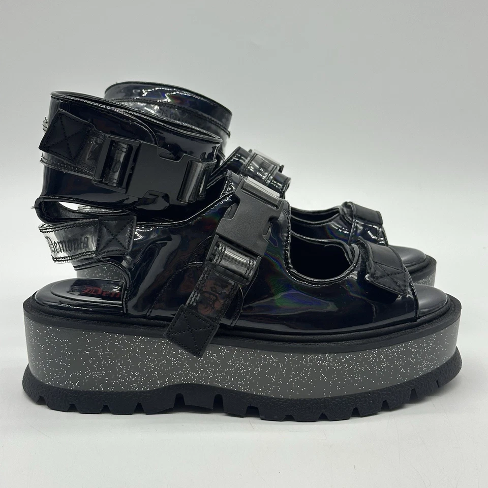 Demonia Slacker 15B Black Holo Patent Platform Ankle Cuff Sandals Women's Size 8 - Image 3 of 4