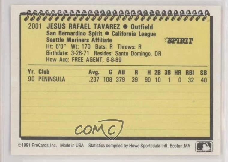 1991 ProCards Minor League Jesus Tavarez #2001 - Image 2 of 2
