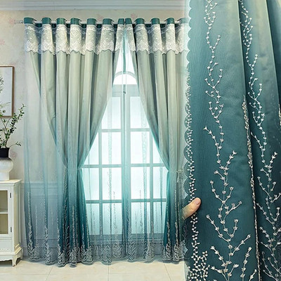 Gradient Coral Tree Embroidered Double Layer Curtains, 54x102 Inch, Blue Green
