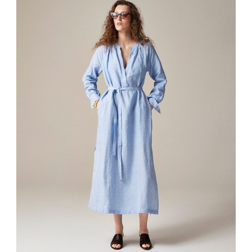 J.Crew Cabana Leinenkleid L französisch blau V-Ausschnitt Langarm Taille zum Binden Seitenschlitz