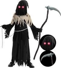 Creations Glowing Eyes Grim Reaper Costume for Kids, Halloween Costume for Boys,