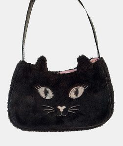 KIDS PLUSH BLACK BAG PINK INTERIOR WITH CAT FACE DESIGN