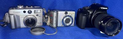 Canon Digital Camera EOS Rebel T3 Powershot A80 & G2 Lot of 3 All Power On +More