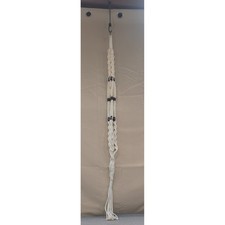 Vintage Macrame Large Plant Hanger Off White Braided Cord Wood Beads Boho 66"