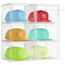 Hat Organizer Box 6 Pack Clear Stackable Magnetic Door Holds 8 Hats Each