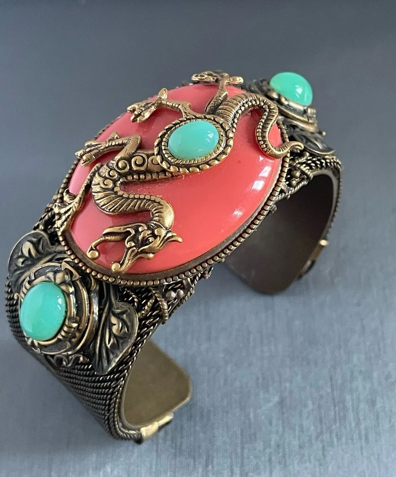 PATRICE Coral Green Color Glass Mesh Dragon Cuff Bracelet - Image 2 of 4