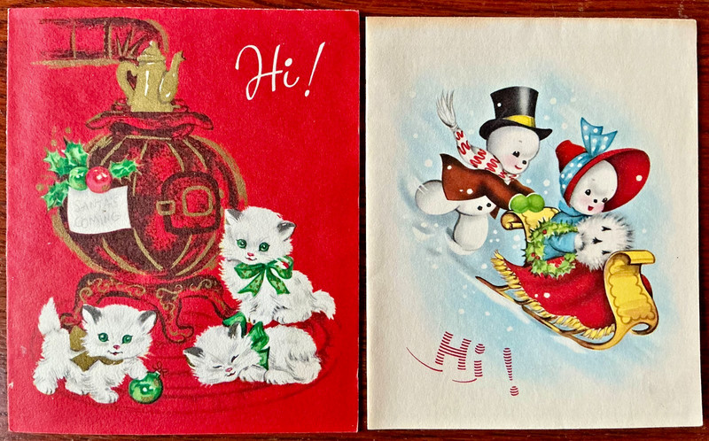 Lot of 2 Vintage 1940’s Christmas Cards Snowmen & Kittens w Potbelly Stove Used