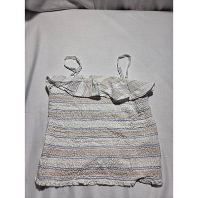 Abercrombie Kids Girls Blue Tan Striped Smocked Ruffle Tank Top Adjustable Strap