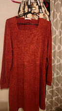 Fantaslook XL Knit Sweater Dress Rust Solid Square Neck Long Sleeve Knee Length