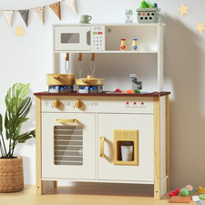 Kids Play Kitchen, Wooden Kitchen Playset for Kids Ages 3 with Real Lights, Sou