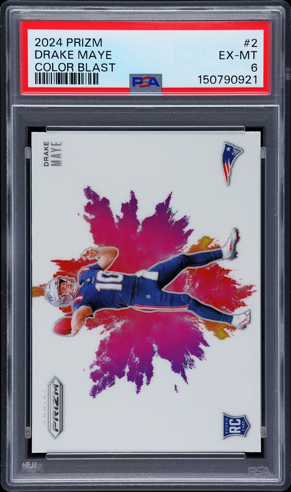 Drake Maye #2 Football Cards 2024 Panini Prizm Color Blast trading card — raw and PSA graded price guide