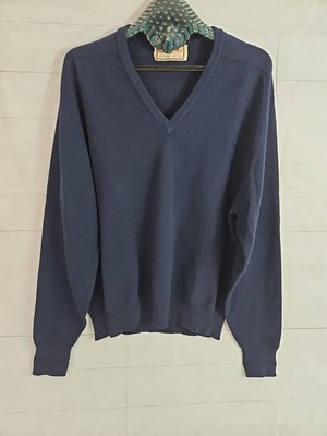 Alan Paine England Luxury Size 46'' Pure Lambswool V Neck Sweater Navy Blue 117CM