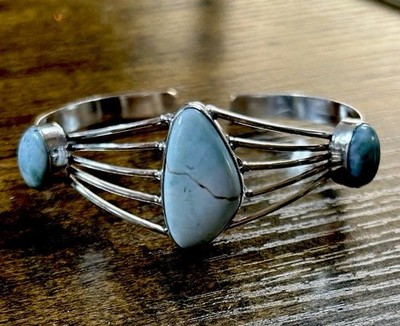 44583. Larimar Gemstone Ethnic Handmade Adjustable 925 Silver  Bracelet 16 Gms