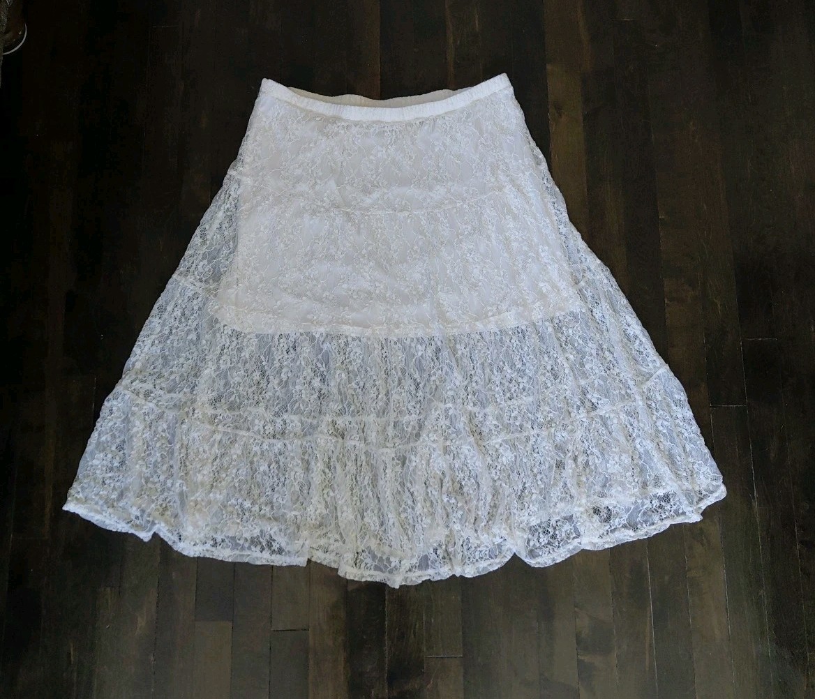 Lace Lined Long Skirt Ivory Elastic Waist Boho Whimsical Fairy Western Coquette