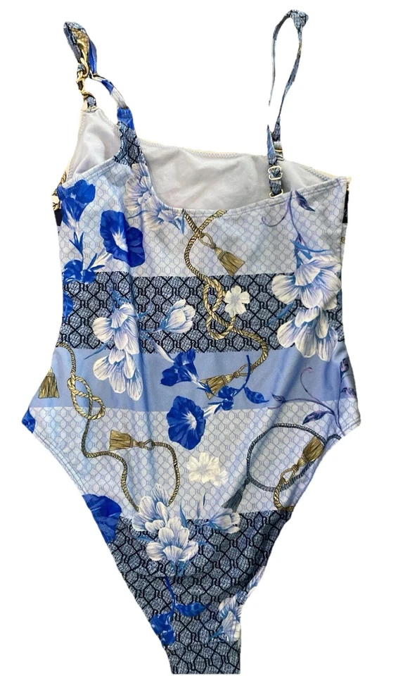 Swimsuit Blue Floral Sequin Chain Strap Detail One piece UK 8 Small - Image 4 of 4