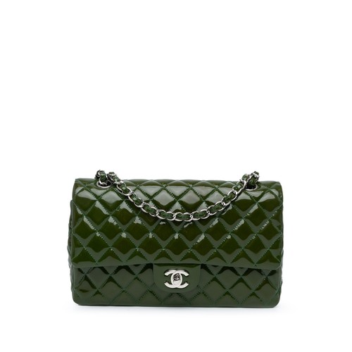 Authenticated Chanel Medium Classic Patent Double Flap Green