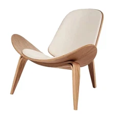 Hans Wegner Style Three- Legged Shell Chair Ash Plywood White Faux Leather Ac...