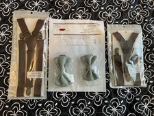 Brown Leather Clip-On Y-Back Suspenders Sage Bow Ties. Adult and Toddler Set