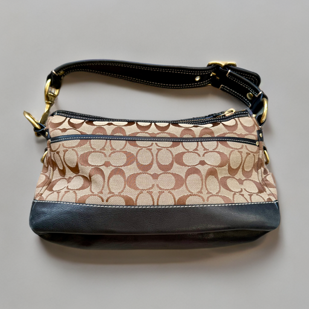 Coach Legacy Tan Signature Black Leather Trim Double Turnlock