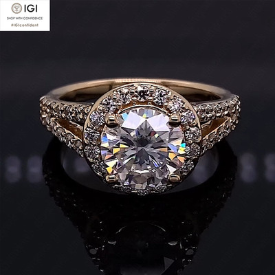 IGI 2.00Ct D VS1 Round Lab Grown Diamond Halo Engagement Ring in 14K Yellow Gold