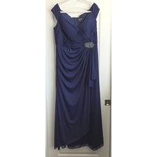 Alex Evenings Navy Blue Ruched Chiffon Beaded Formal Gown Dress Sz 14W Wedding