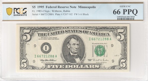 $5 1995 Federal Reserve Note Minneapolis Withrow,Rubin FW I-A PPQ 66Graded GEM