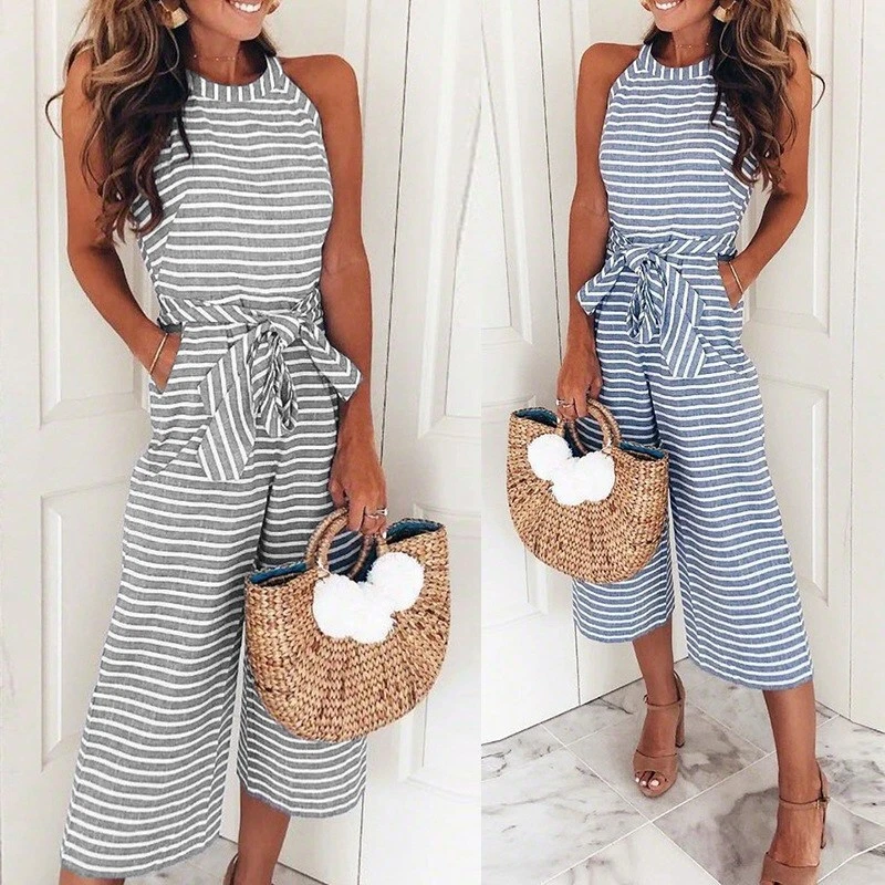 Striped vacation sleeveless casual jumpsuit hotsell