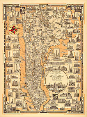 Early Pictorial Map Manhattan Bronx New York Wall Poster Print