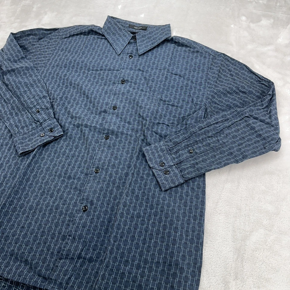 Camisa masculina Brandini grande L azul geométrica botão para cima casual manga longa colarinho - Imagem 3 de 4