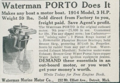 1914 Waterman Porto Make Any Boat Motor Boat 3 HP 59 Pounds Ad CO8