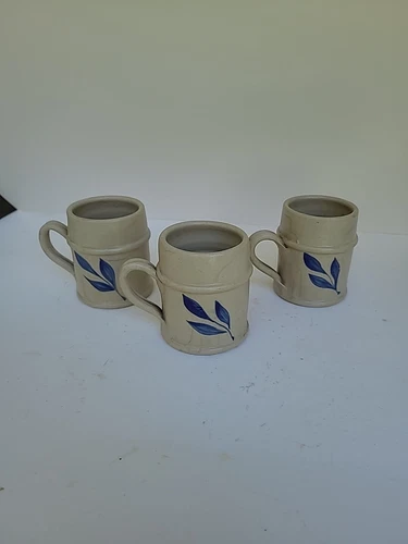 3 Vintage Coffee Mug Williamsburg Pottery Salt Glazed Cobalt Blue Leaf 3.5" 1992