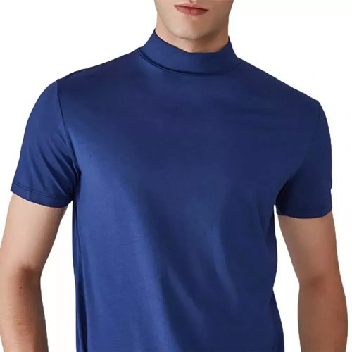 Men Short Sleeve Slim Fit Stretch T-shirt Mock Neck Turtleneck Pullover Tops - Picture 8 of 14