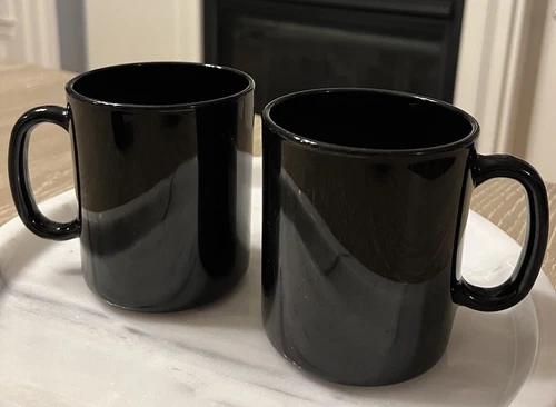 Arcoroc France BLACK Glass 2 Coffee 2 Tea Mugs Vintage Set of 4 Total