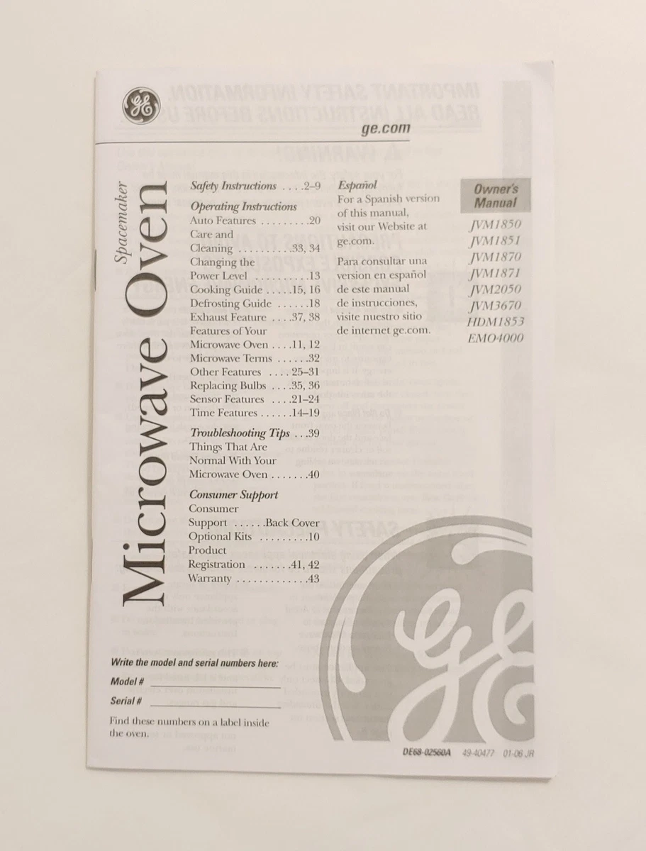 GE Microwave Oven manual JVM1850 JVM1851 JVM1870 JVM2050 JVM3670
