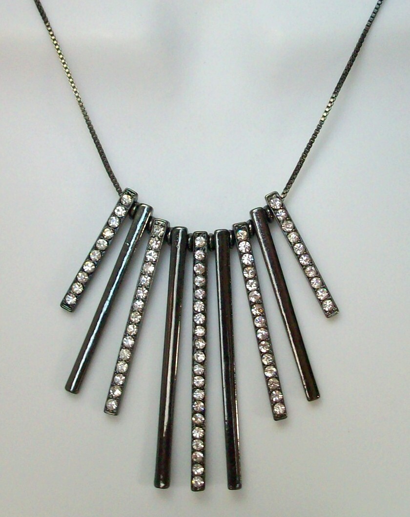 Chain Bar Necklace Statement Clear Rhinestones Pe… - image 7