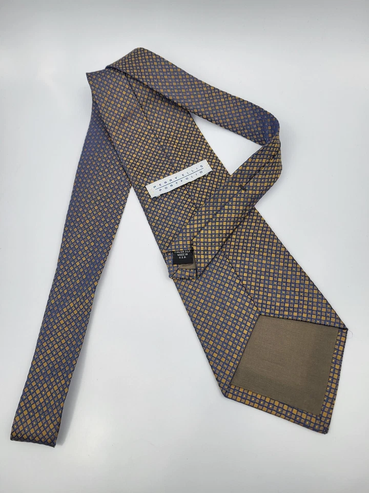 Perry Ellis Portfolio Silk Tie Gold Blue Iridescent Geometric Necktie USA 56 x 4 - Image 4 of 4