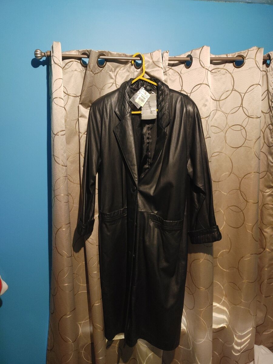 VINTAGE JF Jacqueline Ferrar Black Leather Long Trench Coat VINTAGE JF Jacqueline Ferrar Black Leather Long Trench Coat